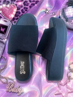 Y2K Brash Platform Slide Sandals Slinky Black Wide Stretchy Band 90s 2000s 7.5